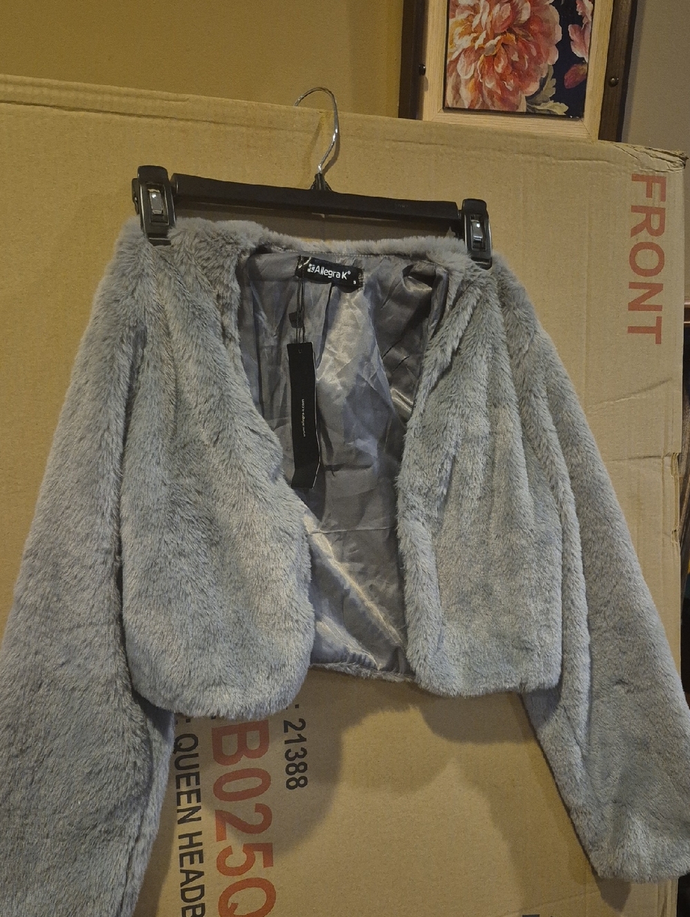 Allegra K Light Gray Faux Fur Cropped Teddy Jacket